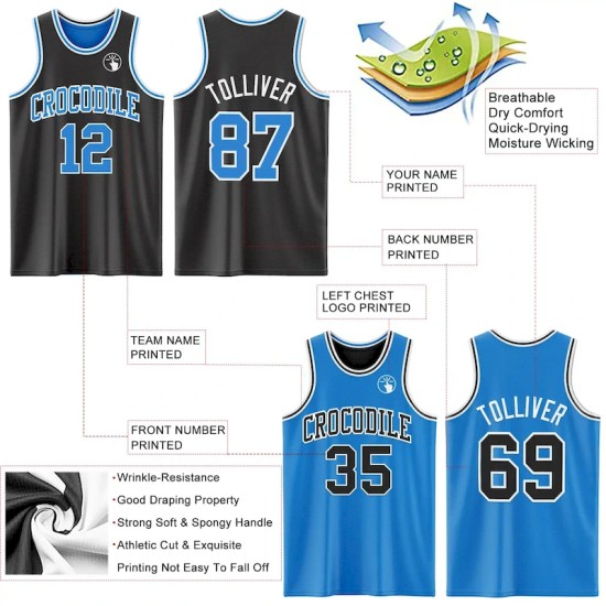 Custom Reversible Black Powder Blue-White Double Side Sublimation Basketball Suit Jersey