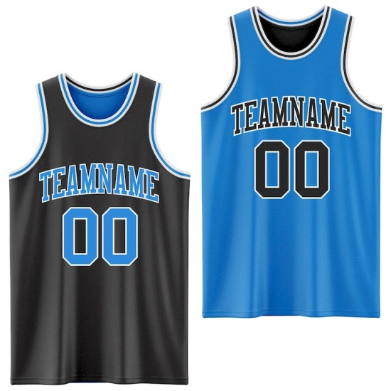 Custom Reversible Black Powder Blue-White Double Side Sublimation Basketball Suit Jersey