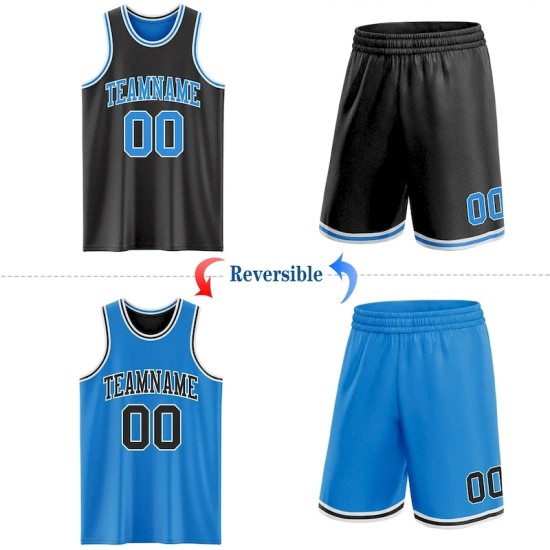 Custom Reversible Black Powder Blue-White Double Side Sublimation Basketball Suit Jersey
