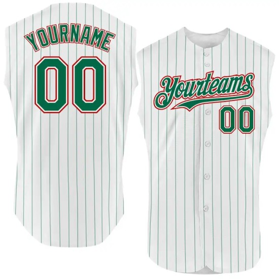 Custom White Kelly Green Pinstripe Red Authentic Sleeveless Baseball Jersey Custom White Kelly Green Pinstripe Red Authentic Sleeveless Baseball Jersey