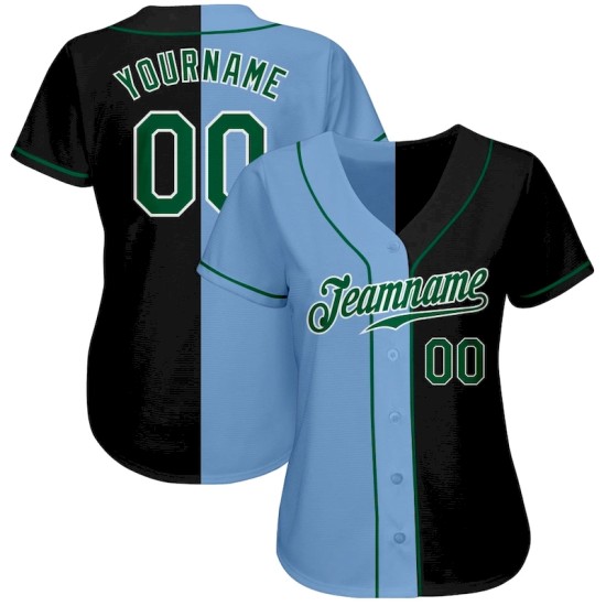 Custom Black Kelly Green-Light Blue Authentic Split Fashion Baseball Jersey Custom Black Kelly Green-Light Blue Authentic Split Fashion Baseball Jersey