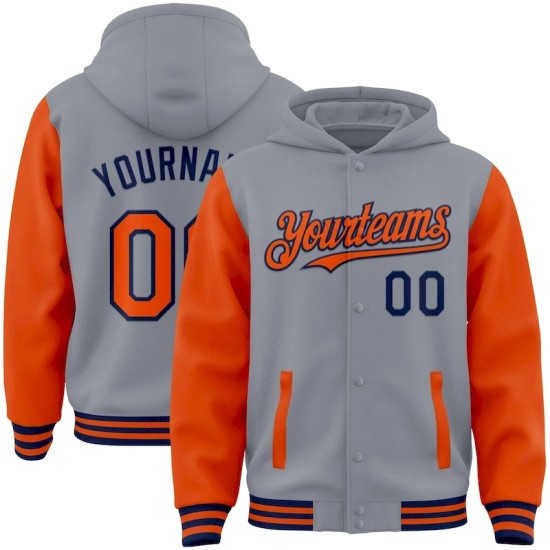 Custom Gray Orange-Navy Bomber Full-Snap Varsity Letterman Two Tone Hoodie Jacket Custom Gray Orange-Navy Bomber Full-Snap Varsity Letterman Two Tone Hoodie Jacket