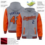 Custom Gray Orange-Navy Bomber Full-Snap Varsity Letterman Two Tone Hoodie Jacket Custom Gray Orange-Navy Bomber Full-Snap Varsity Letterman Two Tone Hoodie Jacket