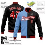 Custom Black Red-Light Blue Bomber Full-Snap Varsity Letterman Split Fashion Jacket