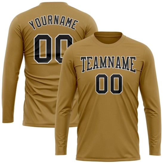 Custom Old Gold Black-White Long Sleeve Performance T-Shirt Custom Old Gold Black-White Long Sleeve Performance T-Shirt