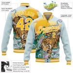 Custom Lakes Blue Gold-White Tiger 3D Pattern Design Bomber Full-Snap Varsity Letterman Jacket