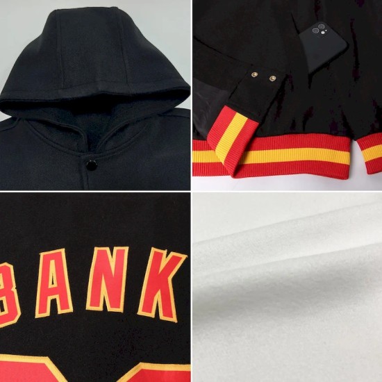 Custom White Red Bomber Full-Snap Varsity Letterman Hoodie Jacket