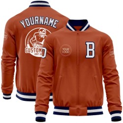 Custom Texas Orange White-Navy Bomber Varsity Letterman Zipper Jacket