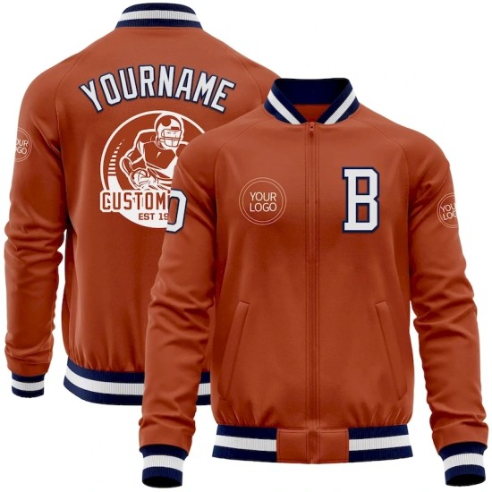 Custom Texas Orange White-Navy Bomber Varsity Letterman Zipper Jacket