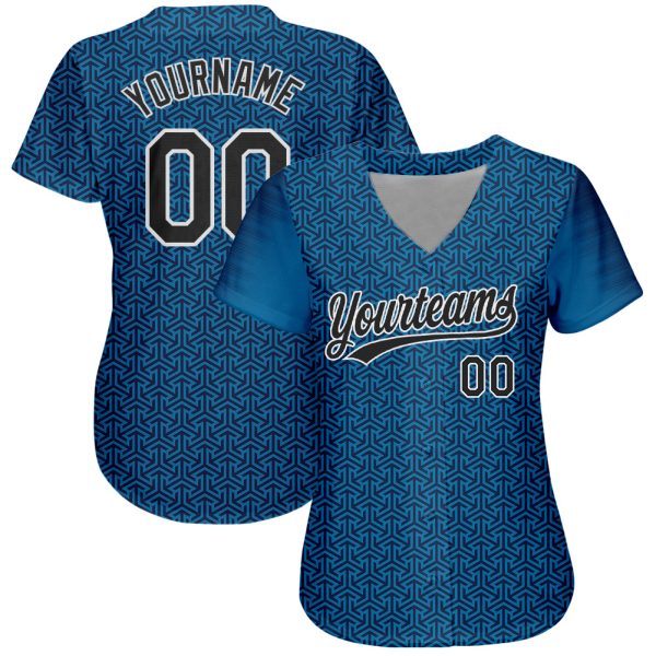 Custom Blue Black-White 3D Pattern Design Authentic Baseball Jersey - Image 2
