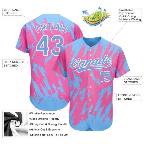 Custom Pink Powder Blue-White 3D Pattern Design Authentic Baseball Jersey - Image 3