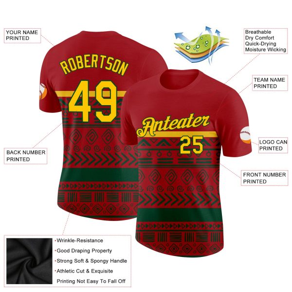 Custom Red Yellow-Green 3D Pattern Design Black History Month Performance T-Shirt - Image 2