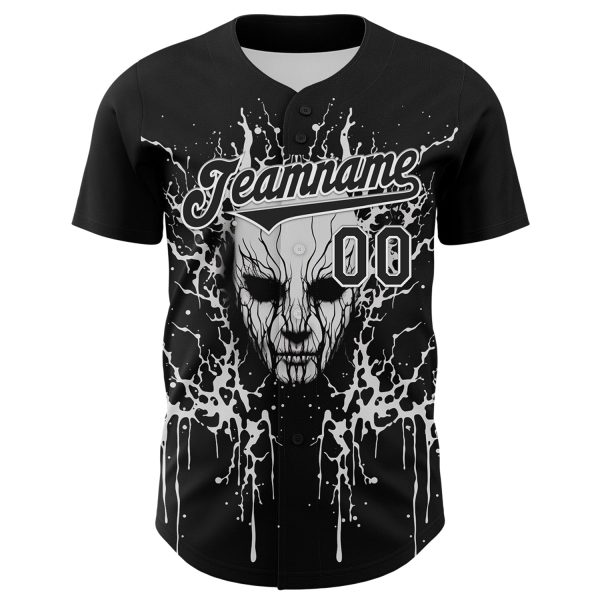 Custom Black White 3D Pattern Design Rave Skull Authentic Baseball Jersey - Image 2