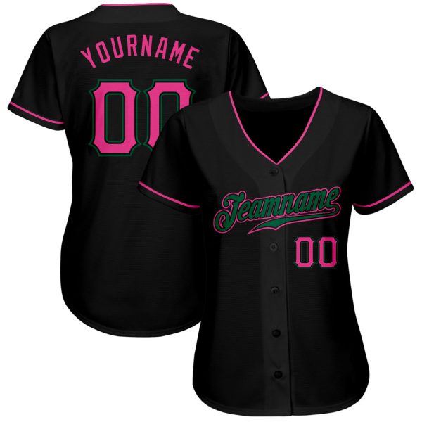 Custom Black Pink-Kelly Green Authentic Baseball Jersey - Image 2