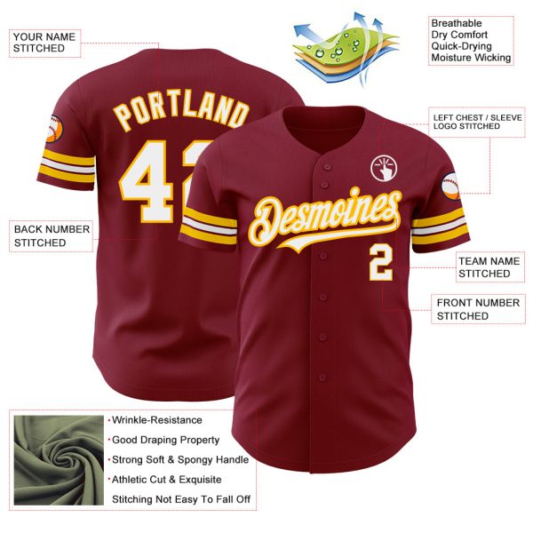 Custom Crimson White-Gold Authentic Baseball Jersey - Image 3