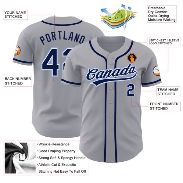 Custom Gray Navy-Light Blue Authentic Baseball Jersey - Image 3