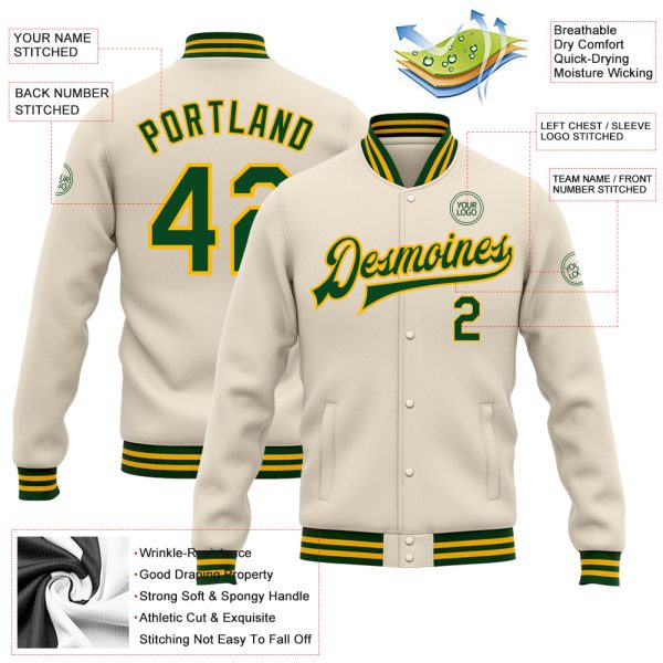 Custom Cream Green-Gold Bomber Full-Snap Varsity Letterman Jacket - Image 3