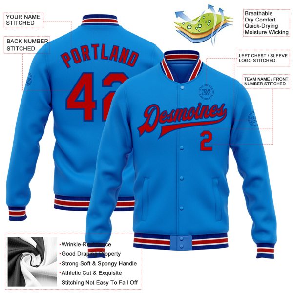 Custom Powder Blue Red-Royal Bomber Full-Snap Varsity Letterman Jacket - Image 3