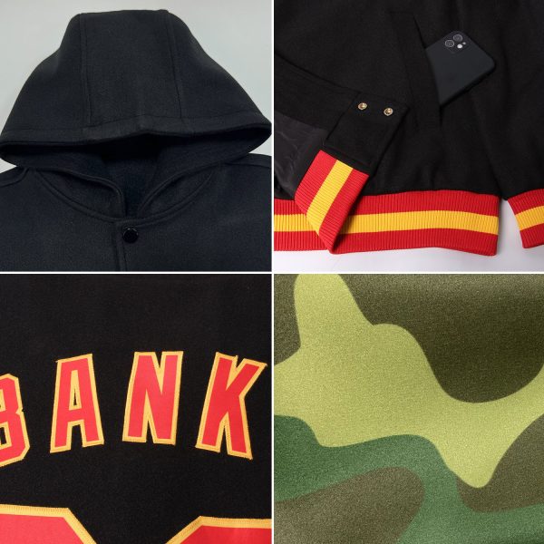 Custom Camo Vintage USA Flag Cream-Black 3D Bomber Full-Snap Varsity Letterman Salute To Service Hoodie Jacket - Image 2