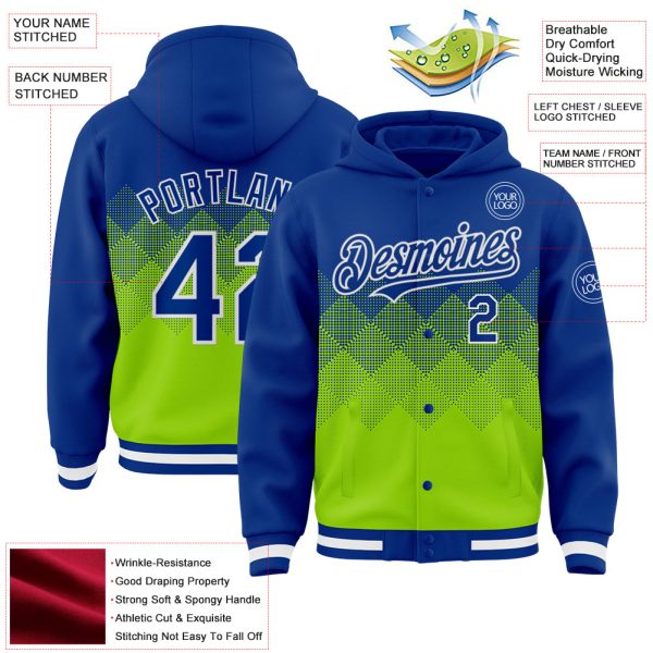Custom Royal Neon Green-White Gradient Square Shape 3D Pattern Design Bomber Full-Snap Varsity Letterman Hoodie Jacket - Image 3