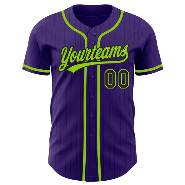 Custom Purple Black Pinstripe Neon Green Authentic Baseball Jersey - Image 2