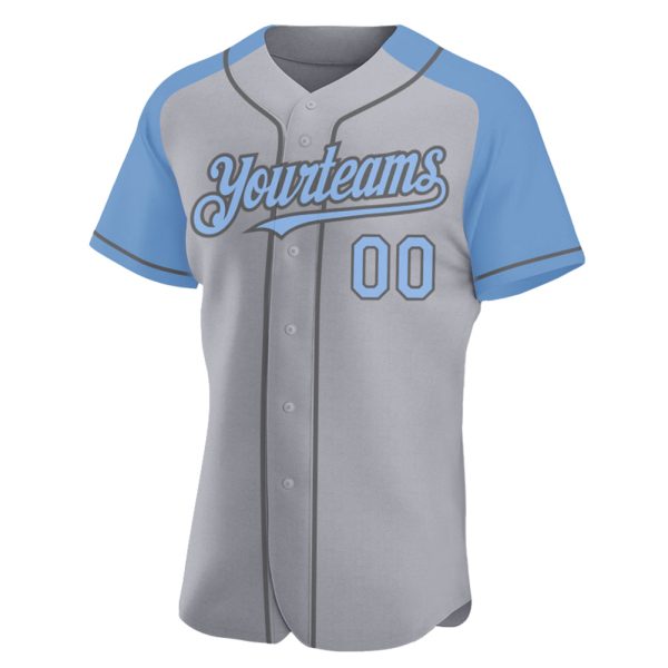 Custom Gray Light Blue-Steel Gray Authentic Raglan Sleeves Baseball Jersey - Image 2