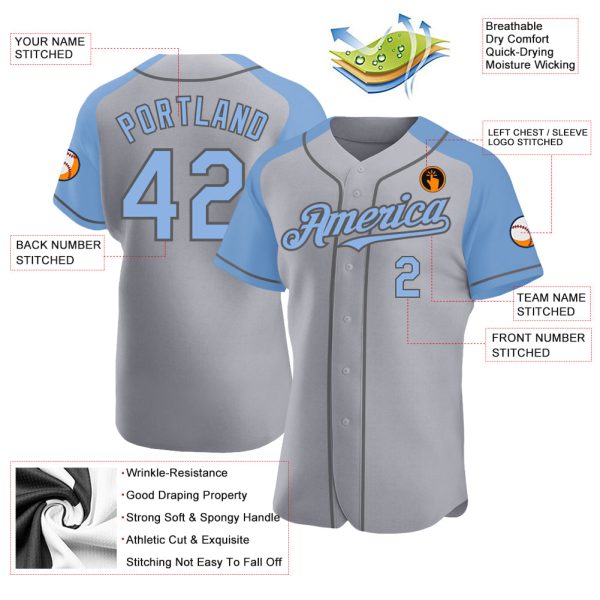 Custom Gray Light Blue-Steel Gray Authentic Raglan Sleeves Baseball Jersey - Image 3