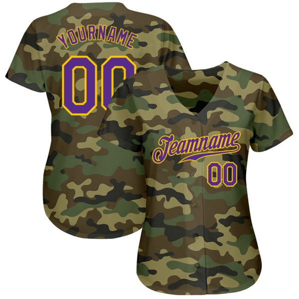 Custom Camo Purple-Gold Authentic Salute To Service Baseball Jersey - Image 2