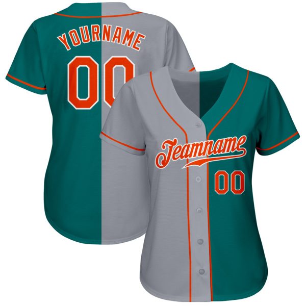 Custom Teal Orange-Gray Authentic Split Fashion Baseball Jersey - Image 2
