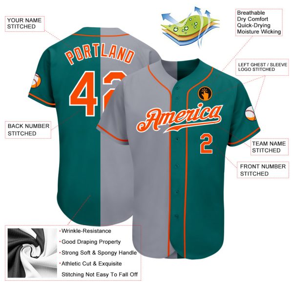 Custom Teal Orange-Gray Authentic Split Fashion Baseball Jersey - Image 3