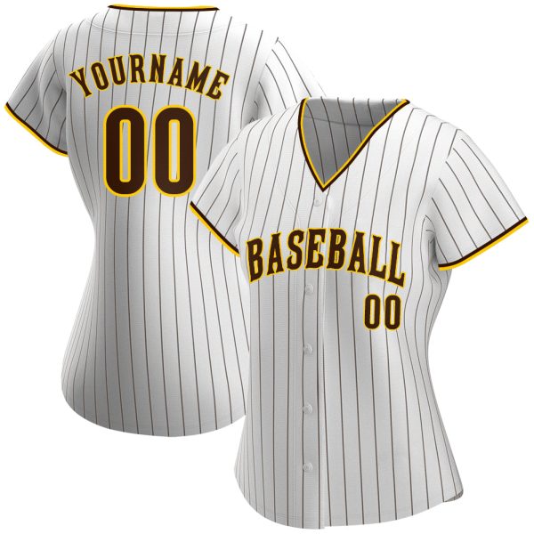Custom White Brown Pinstripe Brown-Gold Authentic Baseball Jersey - Image 2