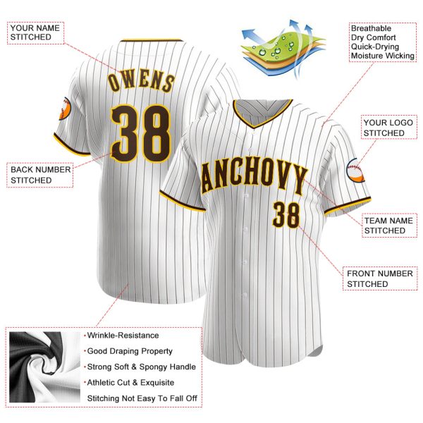Custom White Brown Pinstripe Brown-Gold Authentic Baseball Jersey - Image 3