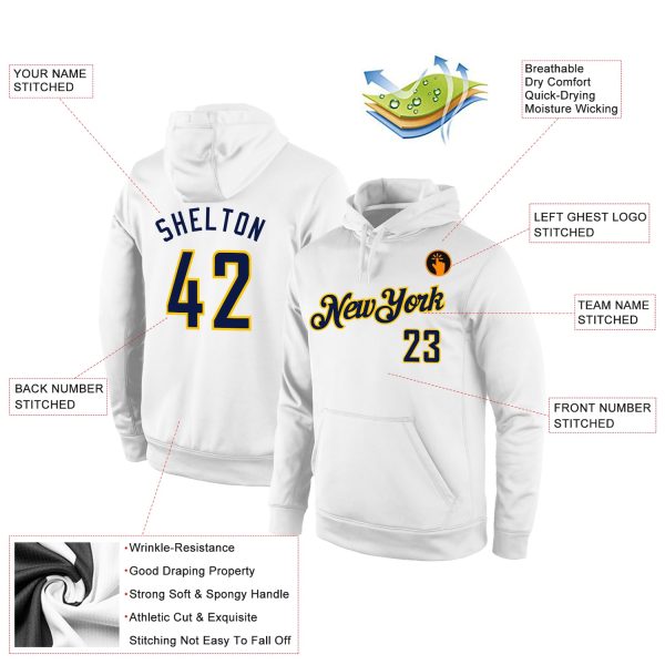 Custom Stitched White Navy-Gold Sports Pullover Sweatshirt Hoodie - Image 2